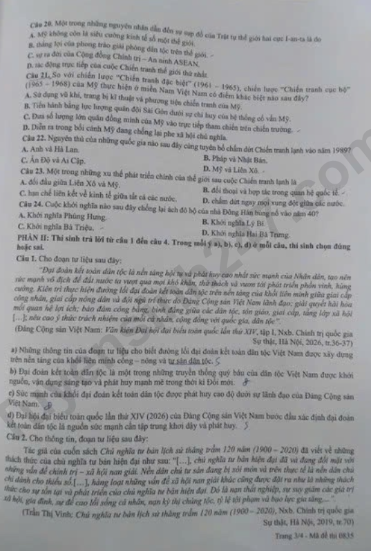Dap an de thi tot nghiep THPT 2026 mon Su - Ma de 0835