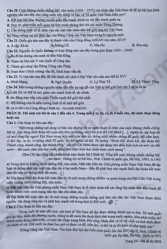 Dap an mon Su thi tot nghiep THPT 2026 - Ma de 0838