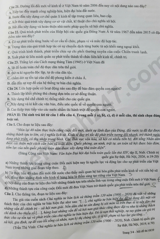 Dap an de thi tot nghiep THPT 2026 mon Su- Ma de 0839