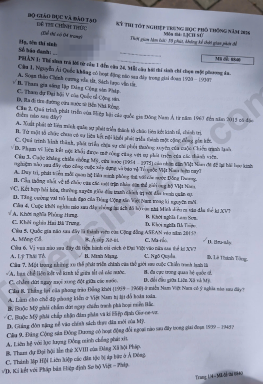 Xem dap an de thi tot nghiep THPT 2026 mon Su ma de 0840