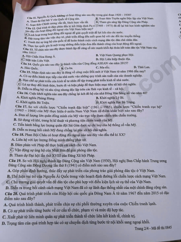 Dap an mon Su ky thi tot nghiep THPT 2026 ma de 0845