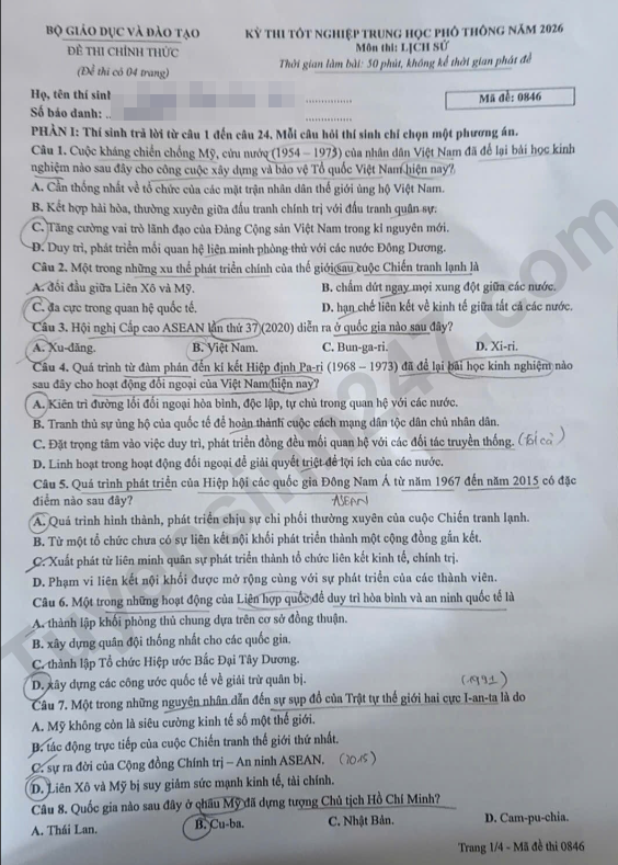 De thi va dap an mon Su tot nghiep THPT 2026 - Ma de 0846