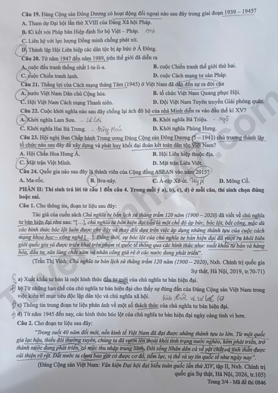 De thi va dap an mon Su tot nghiep THPT 2026 - Ma de 0846