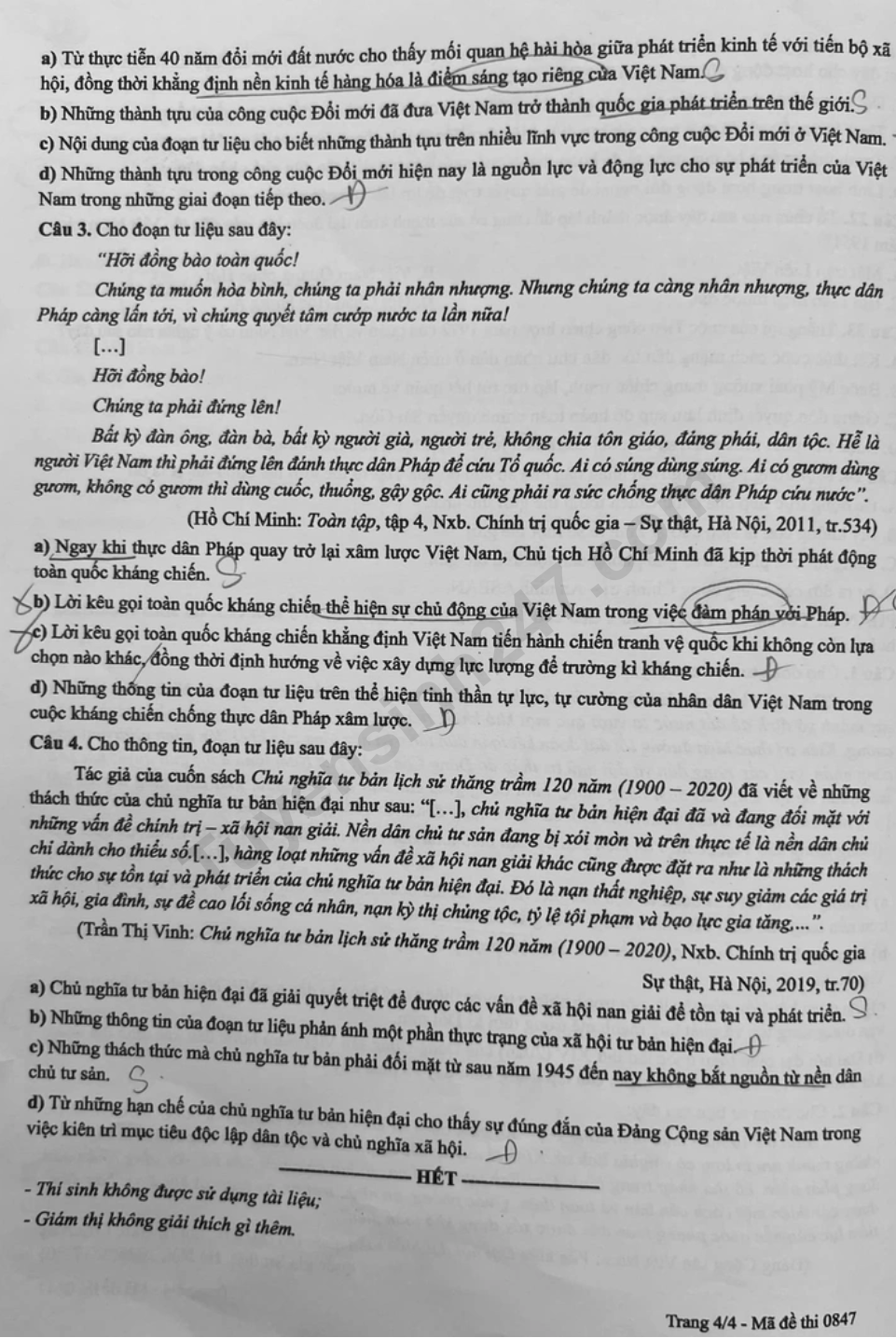 Dap an de thi tot nghiep THPT 2026 mon Su ma de 0847 chi tiet nhat