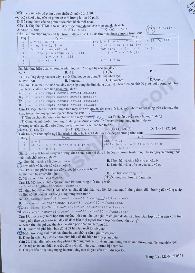 Dap an de thi tot nghiep THPT 2026 mon Tin - Tat ca ma de