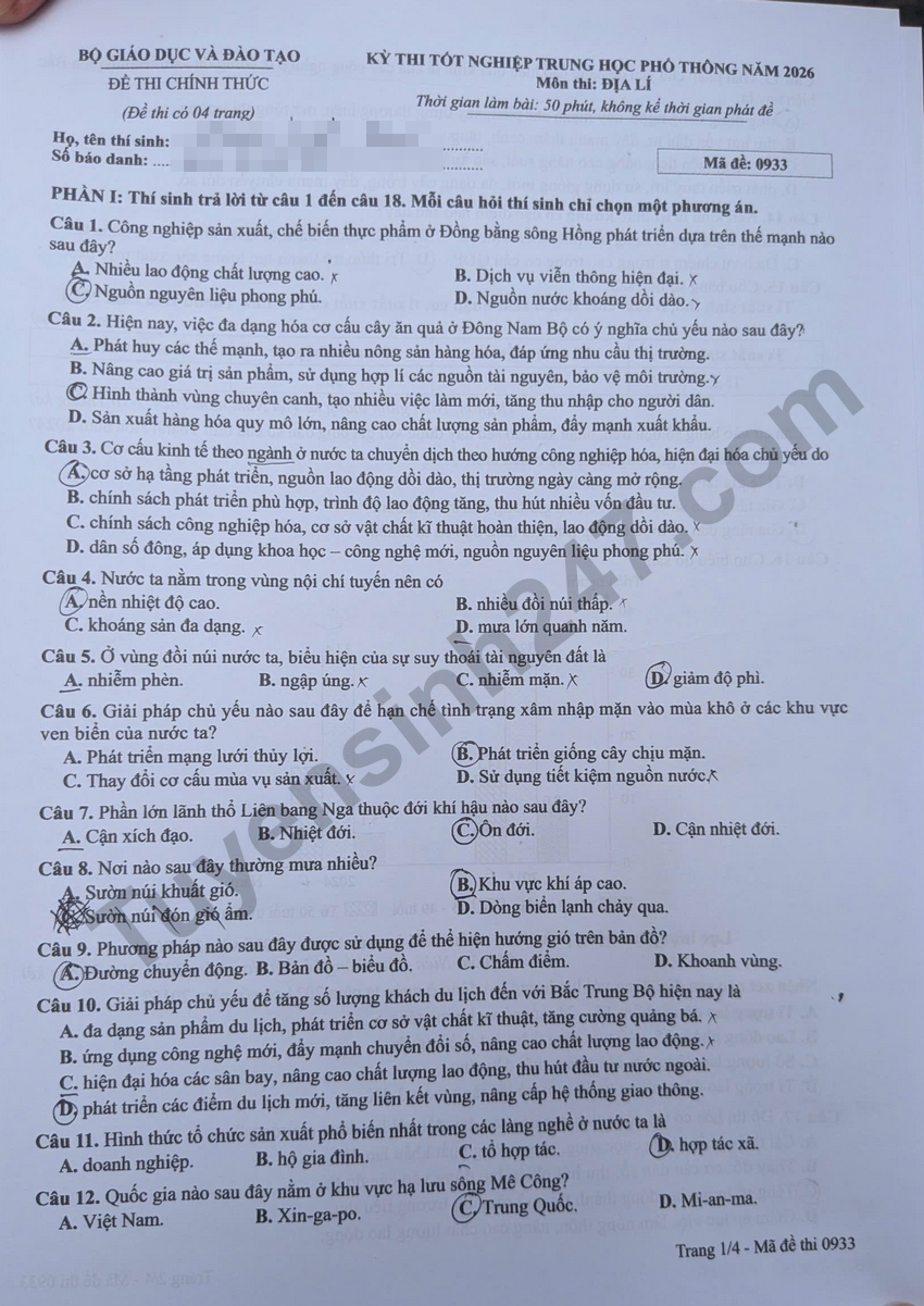 Tra cuu dap an de thi tot nghiep THPT 2026 mon Dia - Ma de 0933