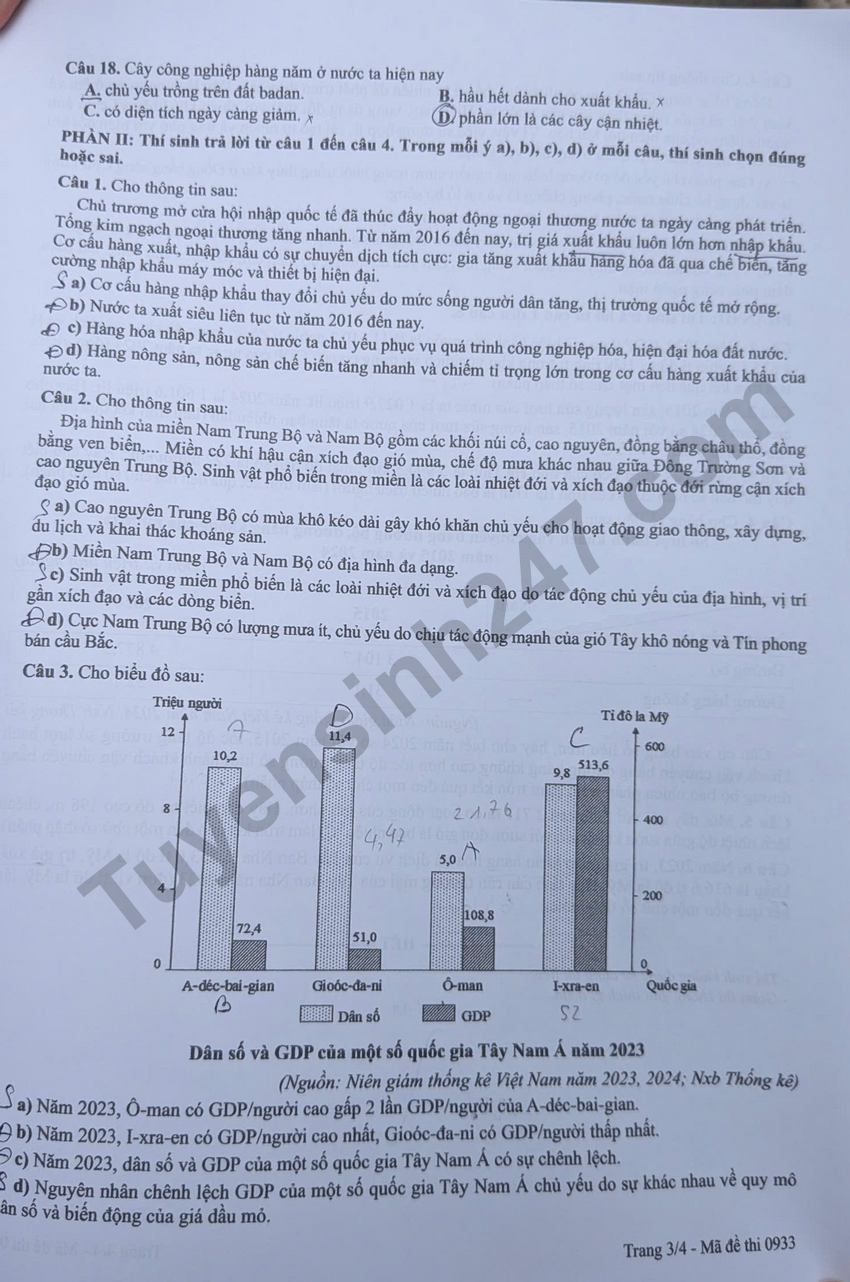 Tra cuu dap an de thi tot nghiep THPT 2026 mon Dia - Ma de 0933
