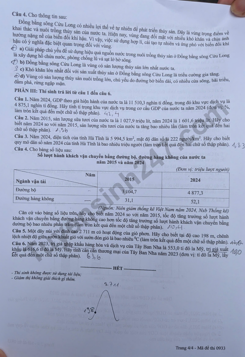 Tra cuu dap an de thi tot nghiep THPT 2026 mon Dia - Ma de 0933