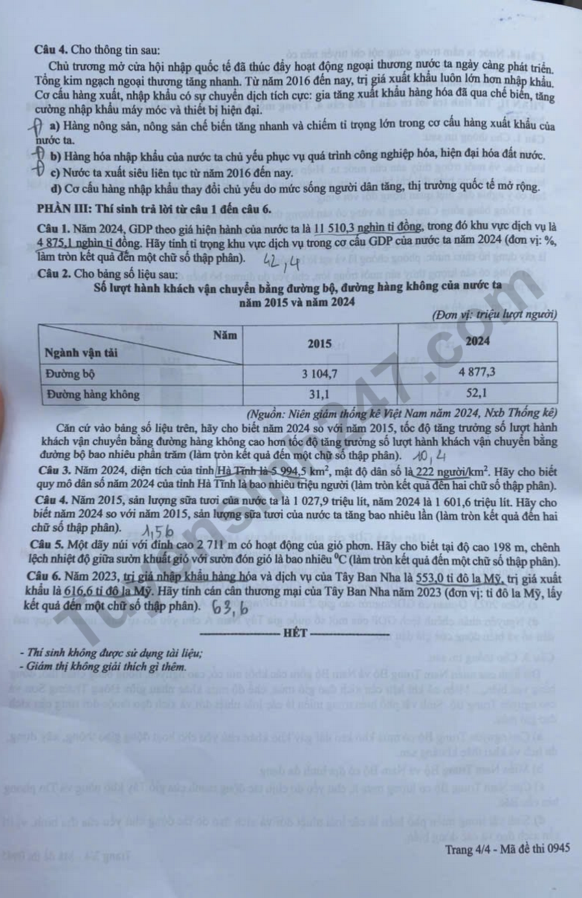 Dap an chinh thuc de thi tot nghiep THPT 2026 mon Dia ma de 0945