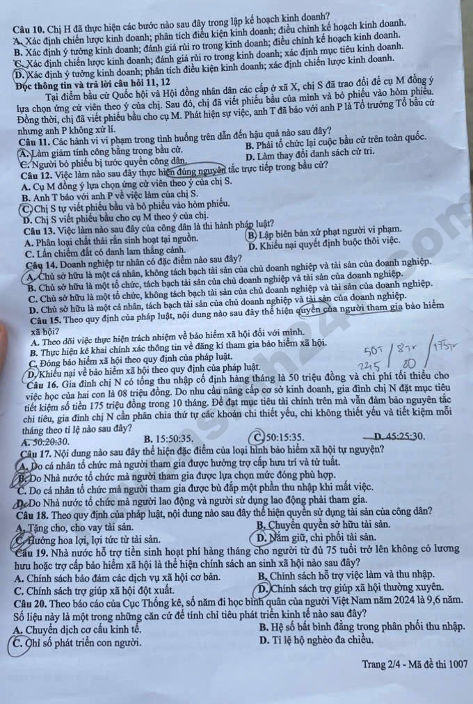 De thi va dap an de thi tot nghiep THPT 2026 mon GDKTPL - Ma de 1007