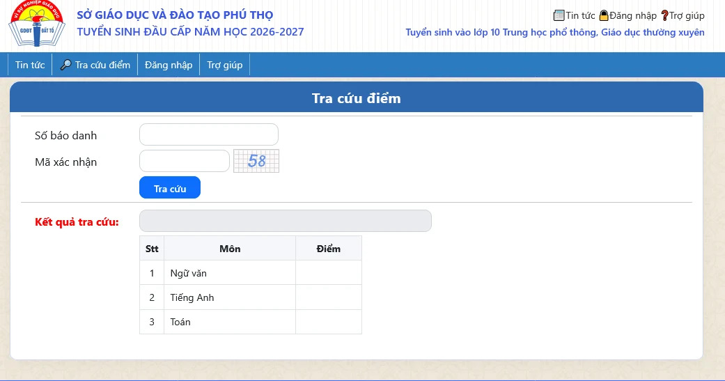 Tra cuu diem thi lop 10 tinh Phu Tho 2026