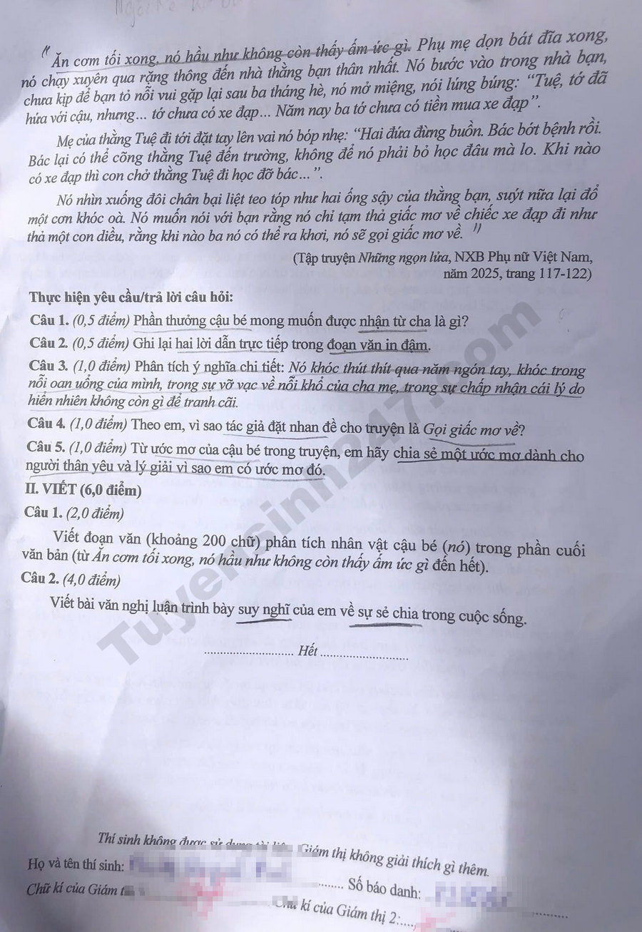 Dap an de thi lop 10 mon Ngu Van - Quang Ninh 2026