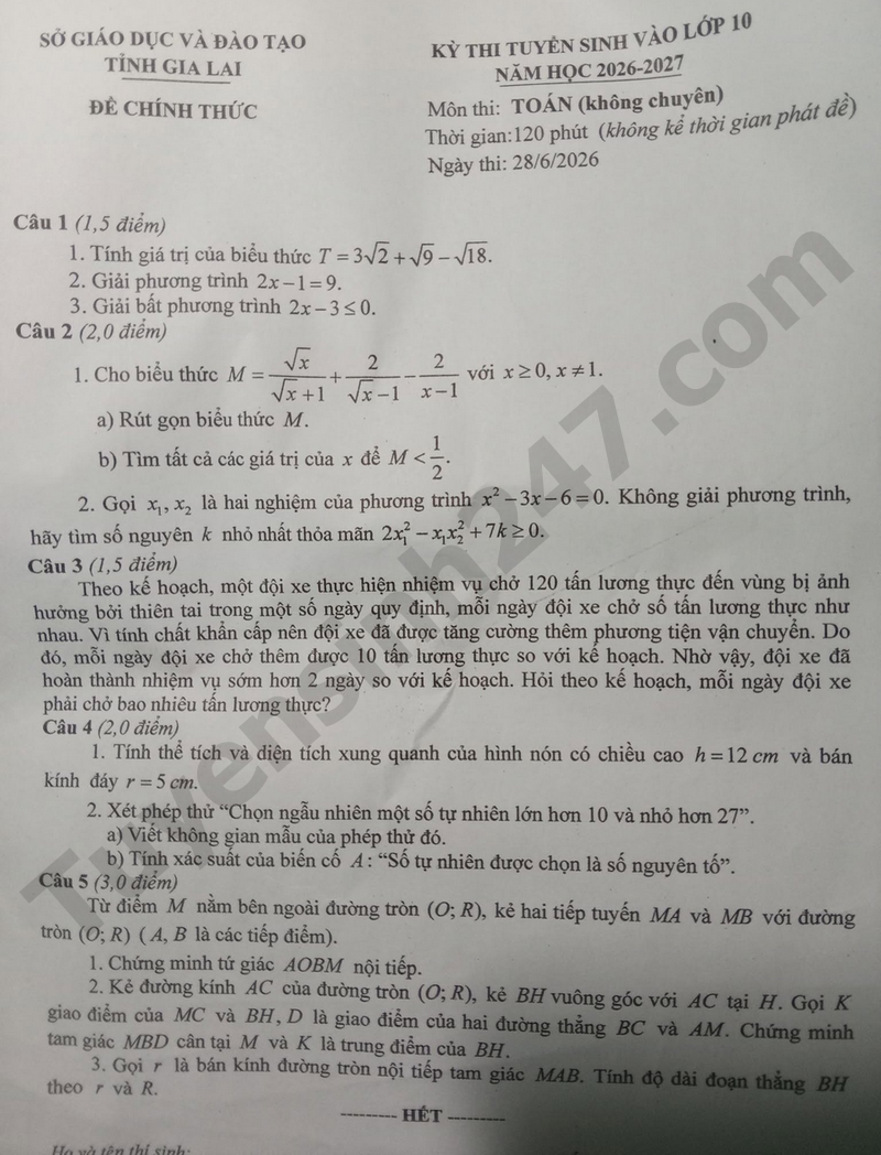 Dap an de thi vao lop 10 mon Toan - Gia Lai 2026