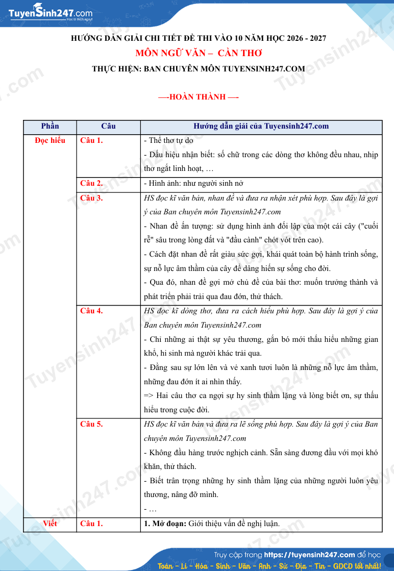 Dap an de thi vao lop 10 mon Van - Can Tho 2026