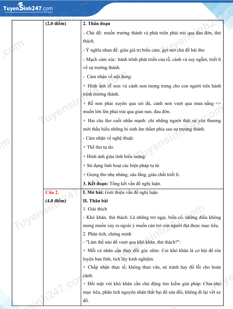 Dap an de thi vao lop 10 mon Van - Can Tho 2026