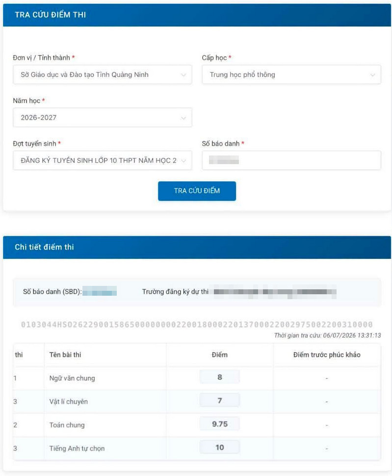 Tra cuu diem thi lop 10 Quang Ninh 2026