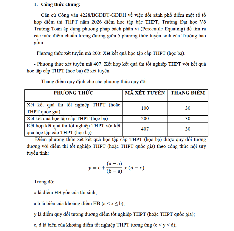 Diem san va quy doi diem Dai hoc Vo Truong Toan (VTTU) 2026
