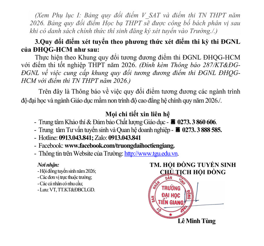 Diem san va bang quy doi diem Dai hoc Tien Giang (TGU) 2026
