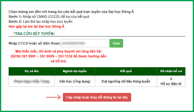 Huong dan nhap hoc truc tuyen Dai hoc Dong A (UDA) 2026