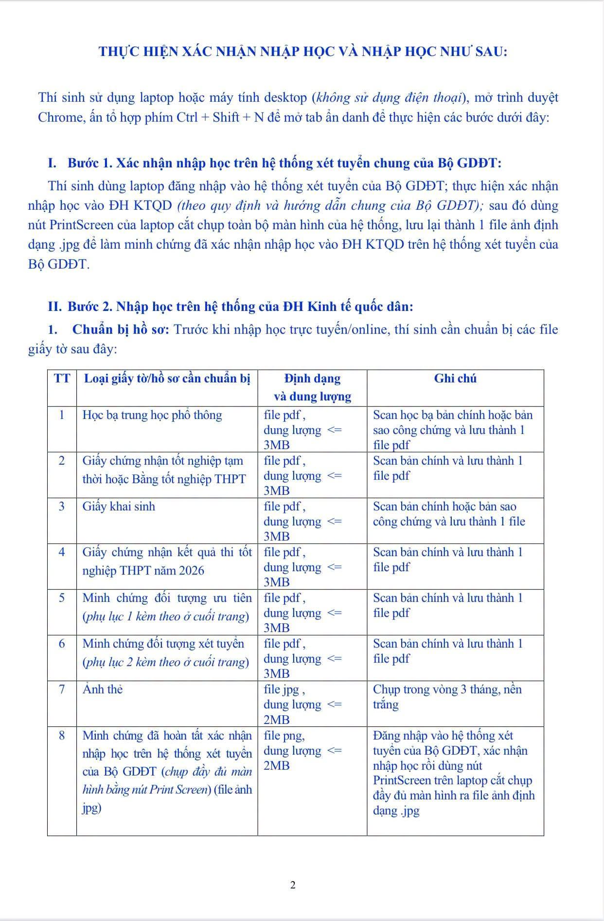 Ho so va huong dan nhap hoc DH Kinh te Quoc dan (NEU) 2026