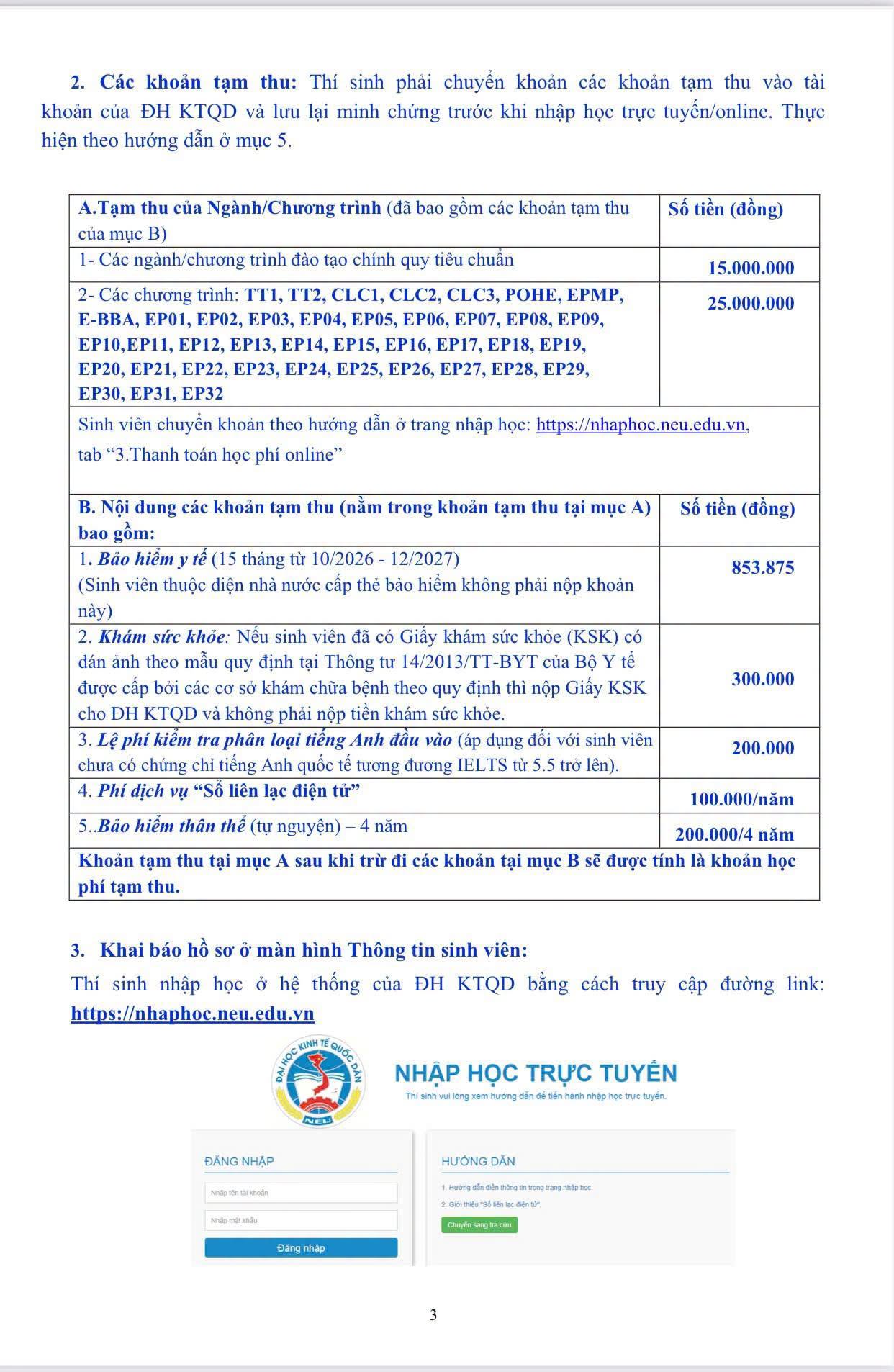 Ho so va huong dan nhap hoc DH Kinh te Quoc dan (NEU) 2026