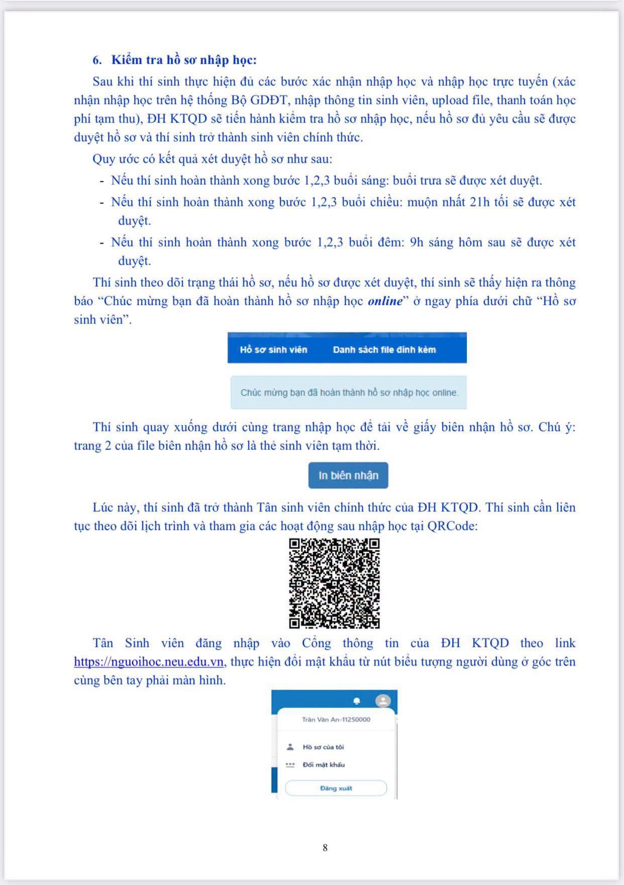 Ho so va huong dan nhap hoc DH Kinh te Quoc dan (NEU) 2026