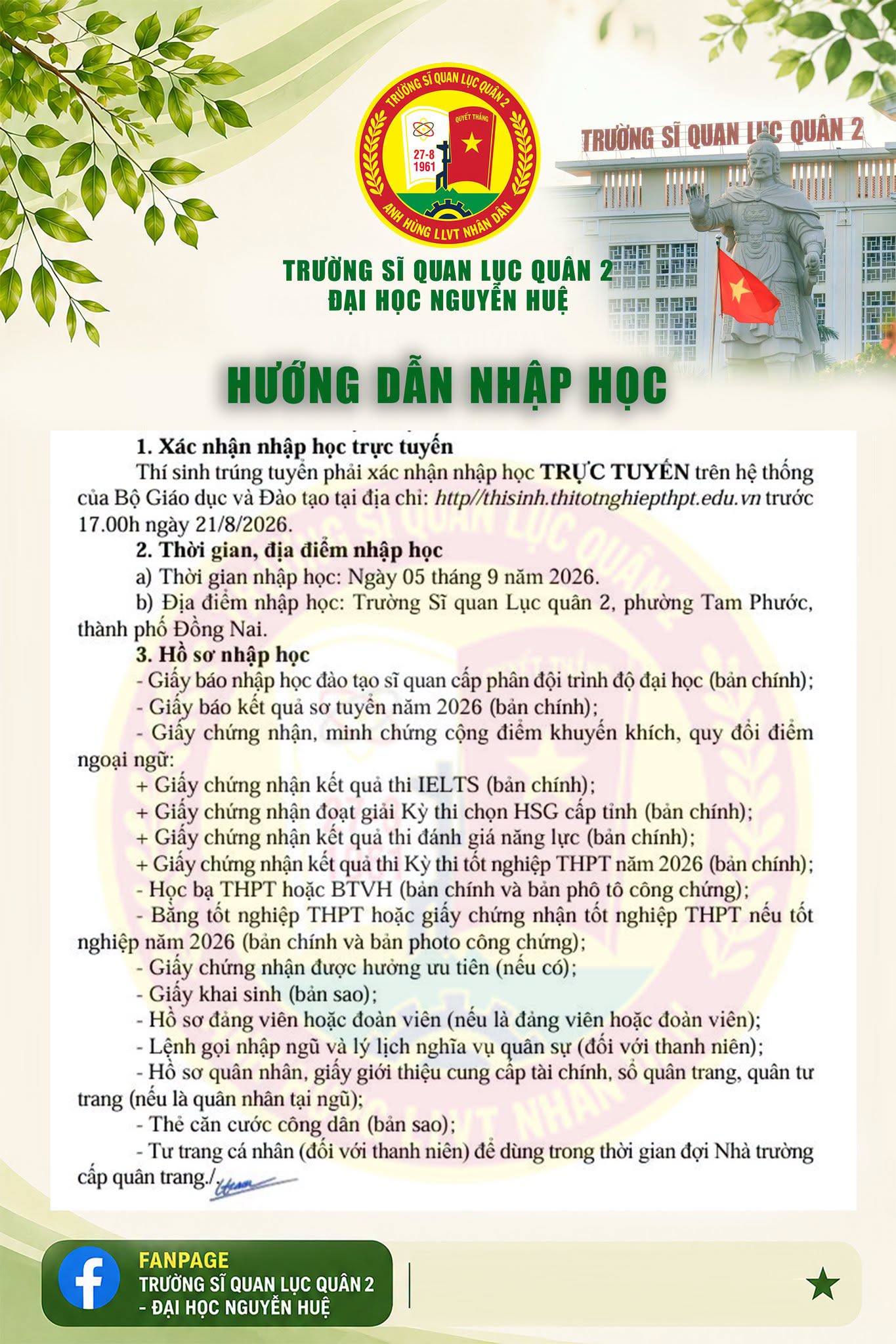 Huong dan nhap Truong Si quan Luc quan 2 - Dai hoc Nguyen Hue nam 2026