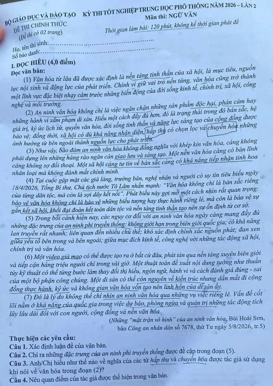 De thi lai tot nghiep THPT 2026 mon Van - Tai Chuyen Tuyen Quang