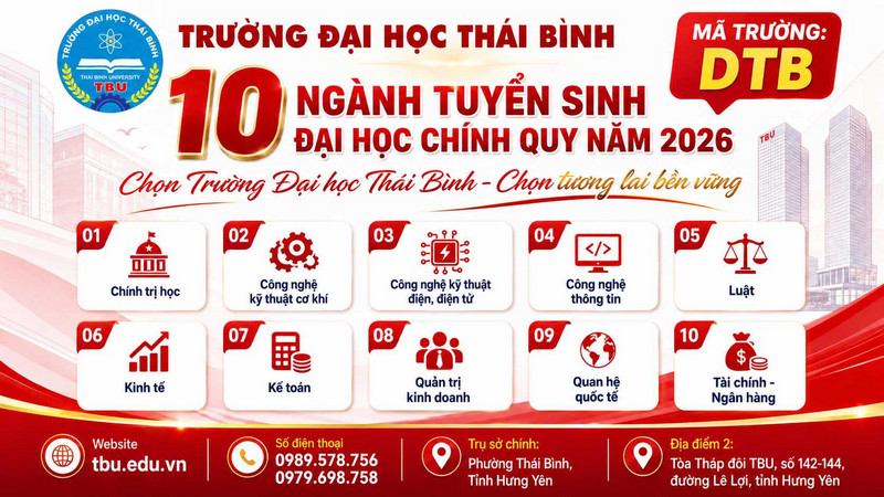 Dai hoc Thai Binh (TBU) xet tuyen bo sung dai hoc chinh quy 2026