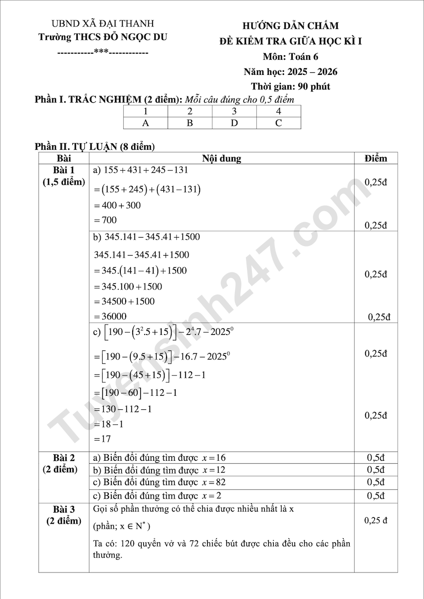 De kiem tra giua hoc ki 1 lop 6 mon Toan THCS Do Ngoc Du 2025 - 2026