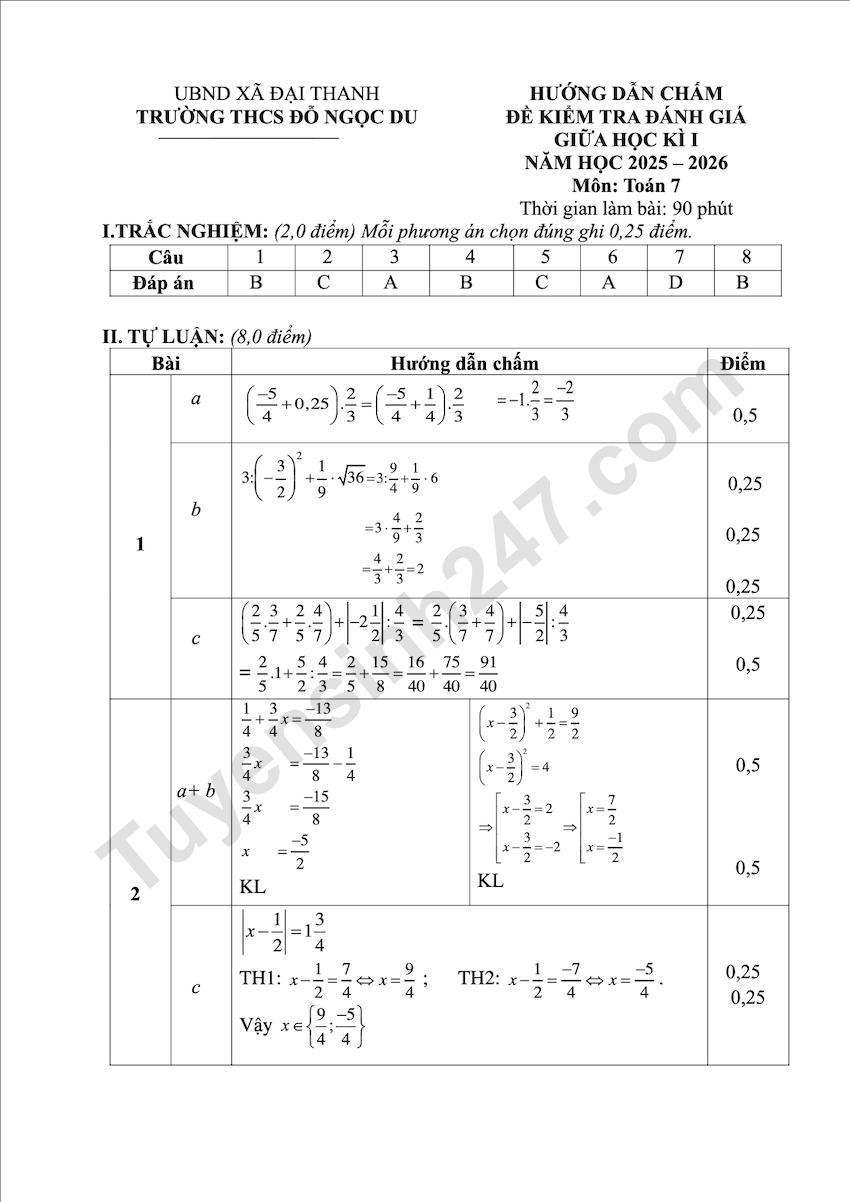 De thi giua ki 1 mon Toan lop 7 THCS Do Ngoc Du 2025 - 2026