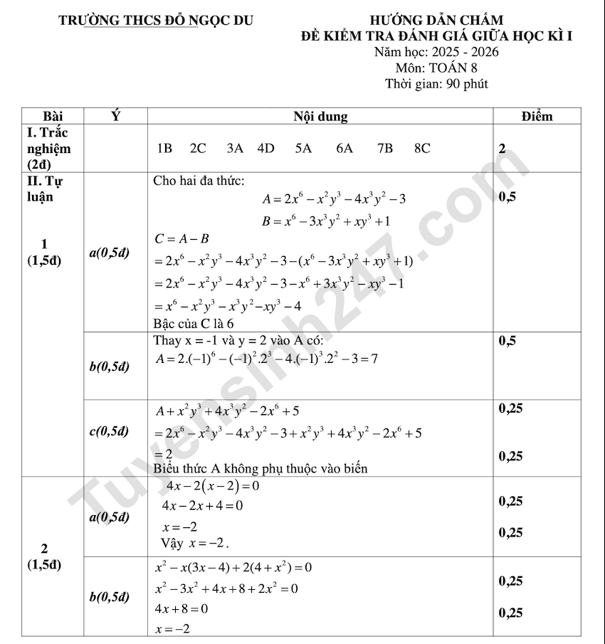 De danh gia kiem tra giua HK1 mon Toan lop 8 THCS Do Ngoc Du 2025 - 2026