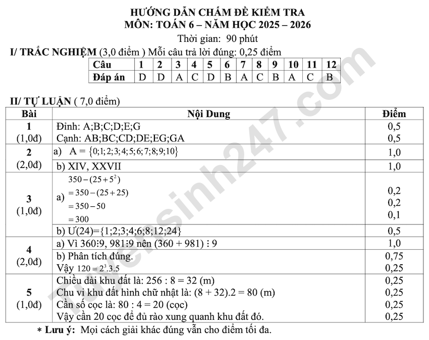 De kiem tra giua ki 1 mon Toan lop 6 THCS Phuong Dong 2025 - 2026