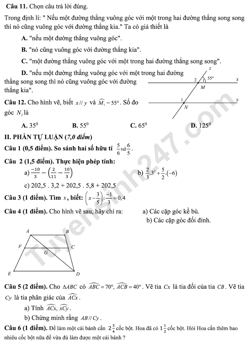 De thi giua HK1 mon Toan lop 7 THCS Que Thuan 2025 - 2026
