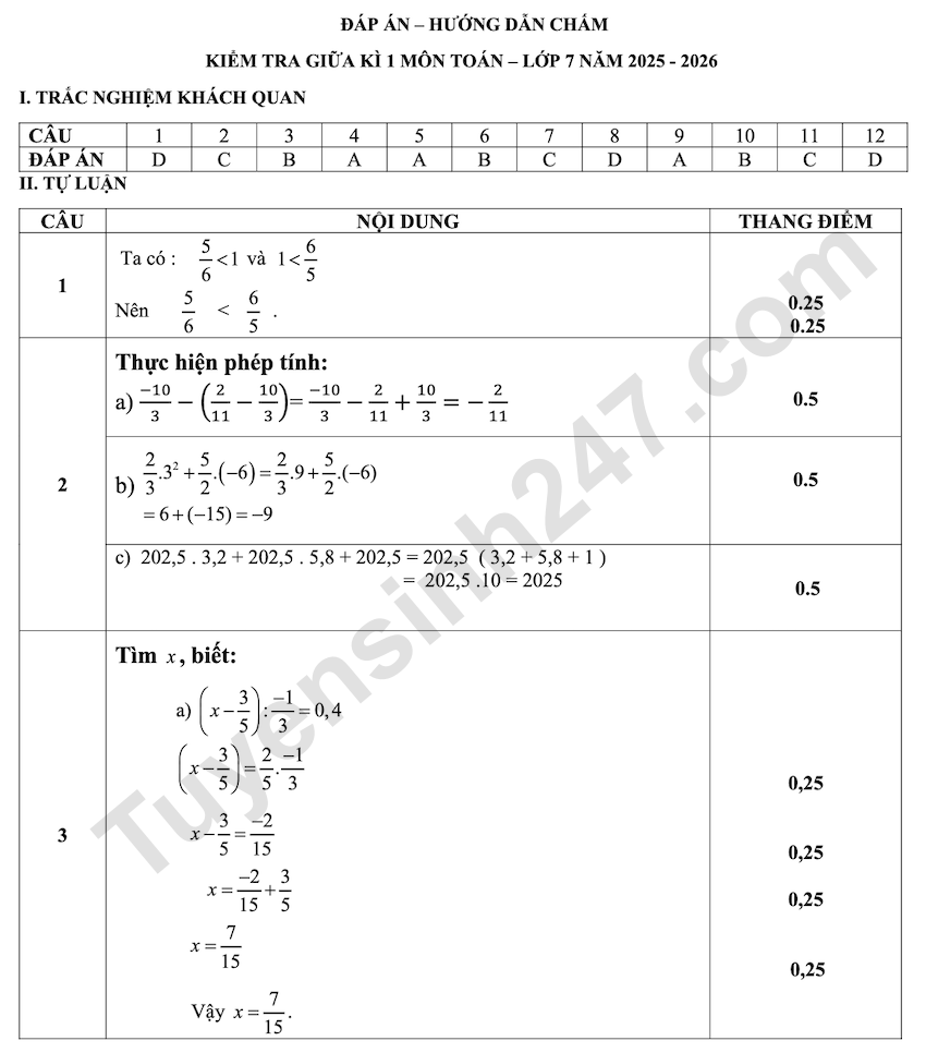 De thi giua HK1 mon Toan lop 7 THCS Que Thuan 2025 - 2026