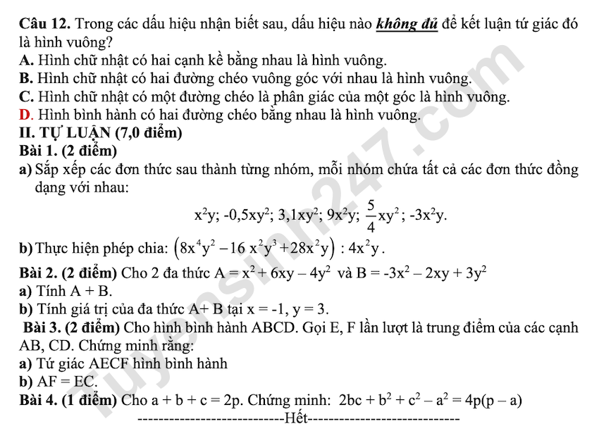 De thi giua ki 1 lop 8 mon Toan THCS Phuong Dong 2025 - 2026
