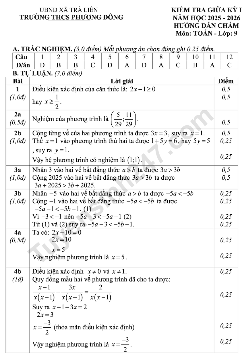 De kiem tra giua HK1 mon Toan lop 9 THCS Phuong Dong 2025 - 2026 