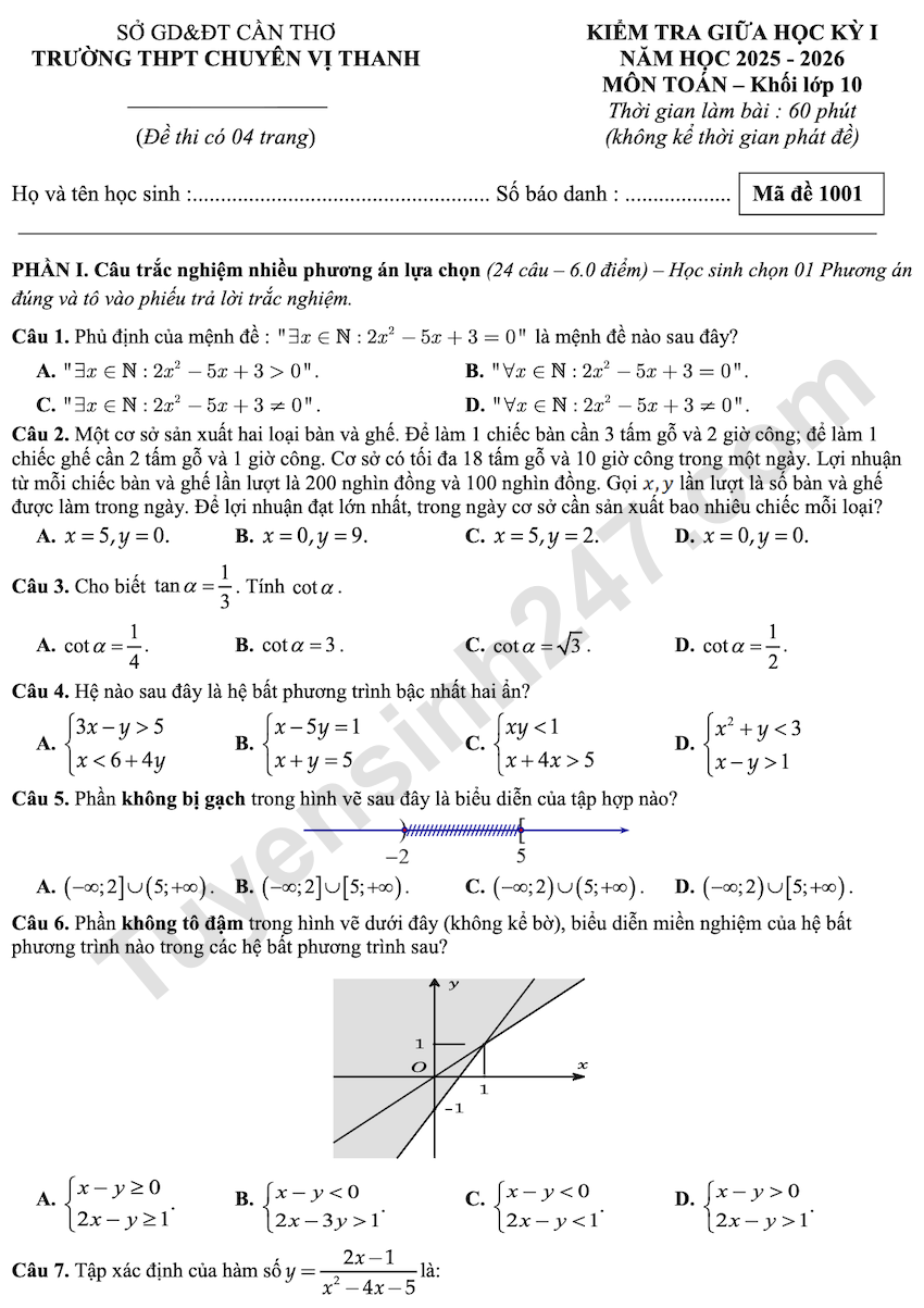 De kiem tra giua HK1 mon Toan lop 10 THPT Chuyen Vi Thanh 2025 - 2026