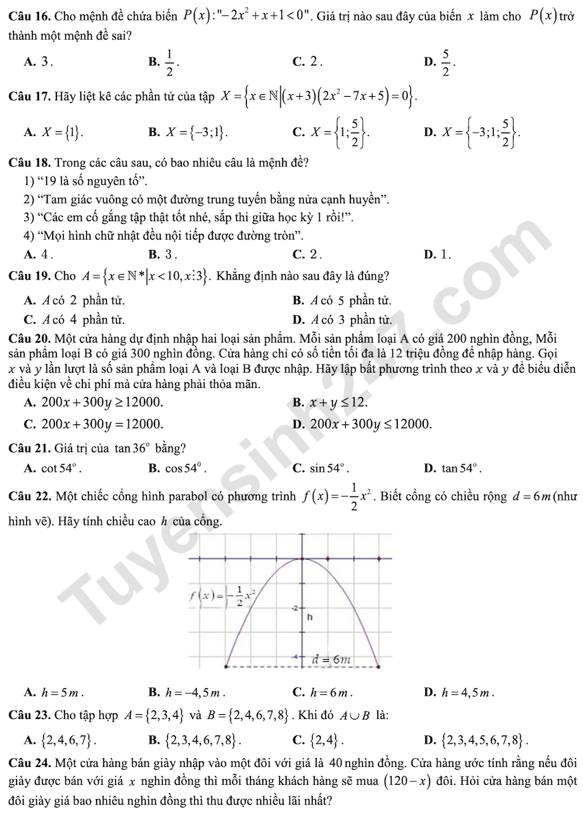 De kiem tra giua HK1 mon Toan lop 10 THPT Chuyen Vi Thanh 2025 - 2026