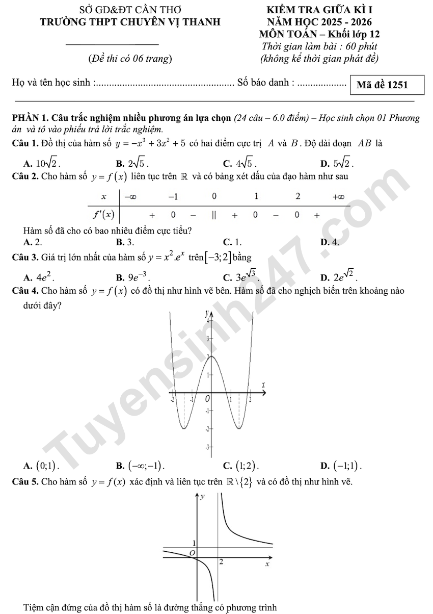 De kiem tra giua ki 1 mon Toan lop 12 THPT Chuyen Vi Thanh 2025 - 2026