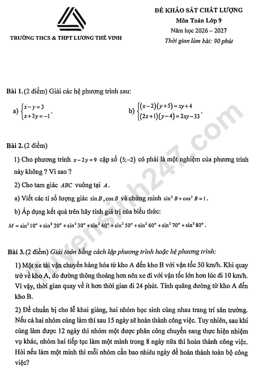 De khao sat chat luong mon Toan lop 9 THCS Luong The Vinh 2026 - 2027