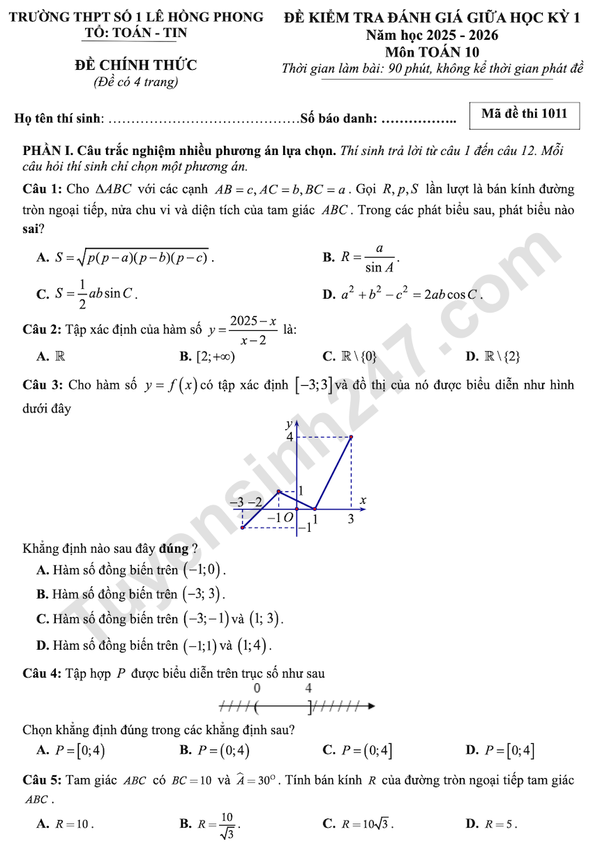 De kiem tra giua ki 1 lop 10 mon Toan THPT Le Hong Phong 1 2025 - 2026