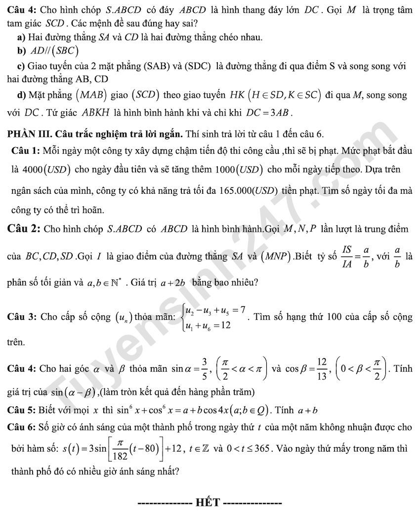 De thi giua HK1 mon Toan lop 11 THPT Le Hong Phong 1 2025 - 2026