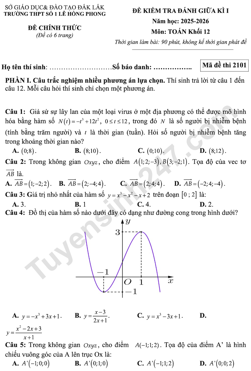 De kiem tra giua HK1 lop 12 mon Toan THPT Le Hong Phong 1 2025 - 2026