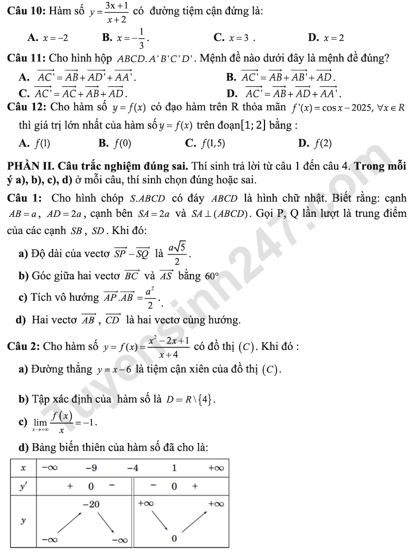 De kiem tra giua HK1 lop 12 mon Toan THPT Le Hong Phong 1 2025 - 2026
