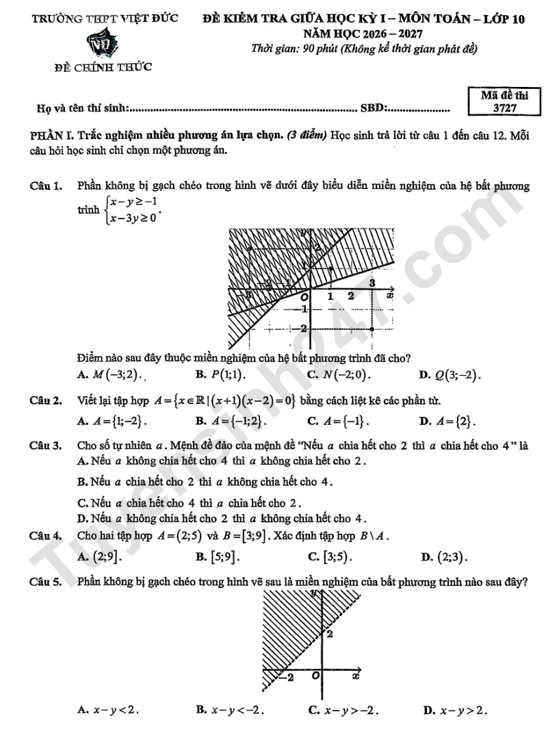 De thi giua ki 1 lop 10 mon Toan - THPT Viet Duc 2026