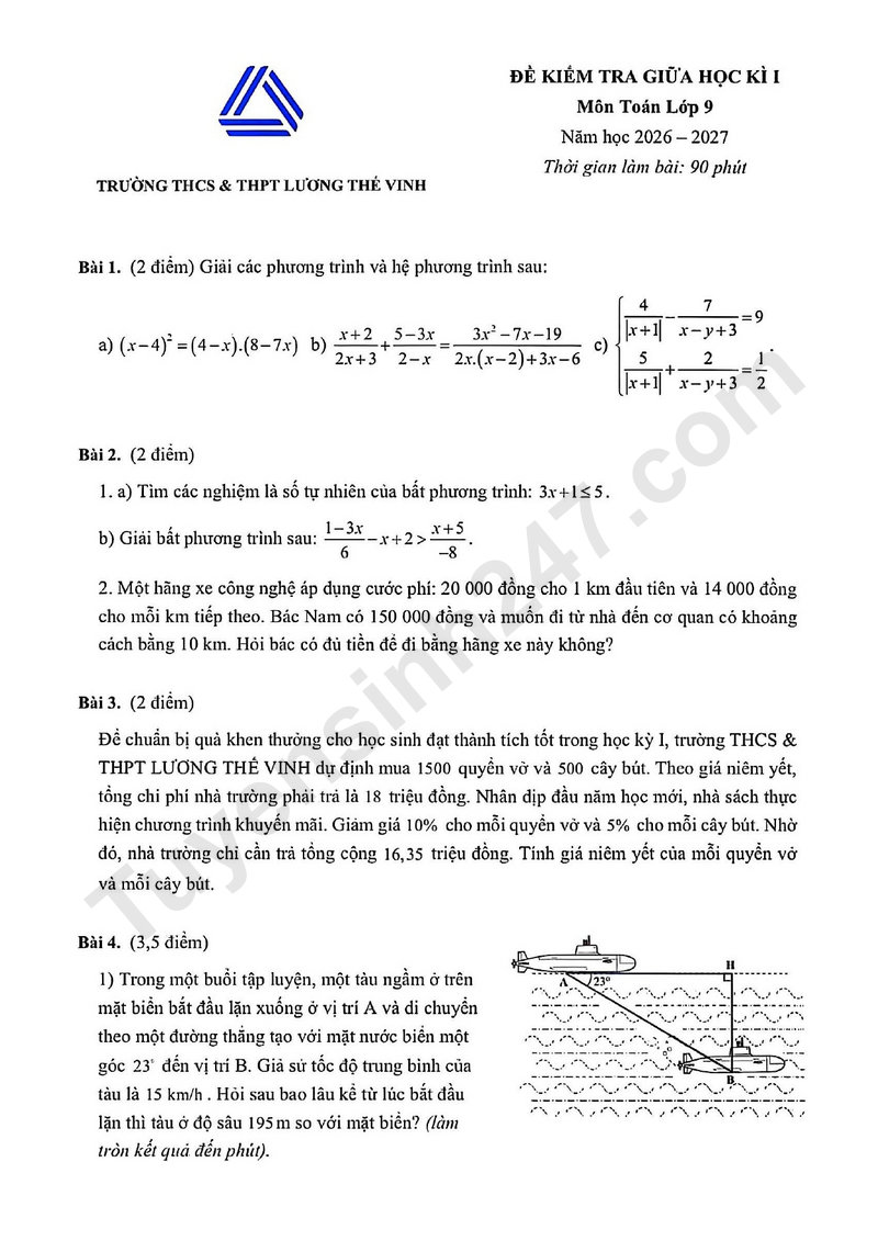 De thi giua hoc ki I mon Toan lop 9 - Truong THCS & THPT Luong The Vinh