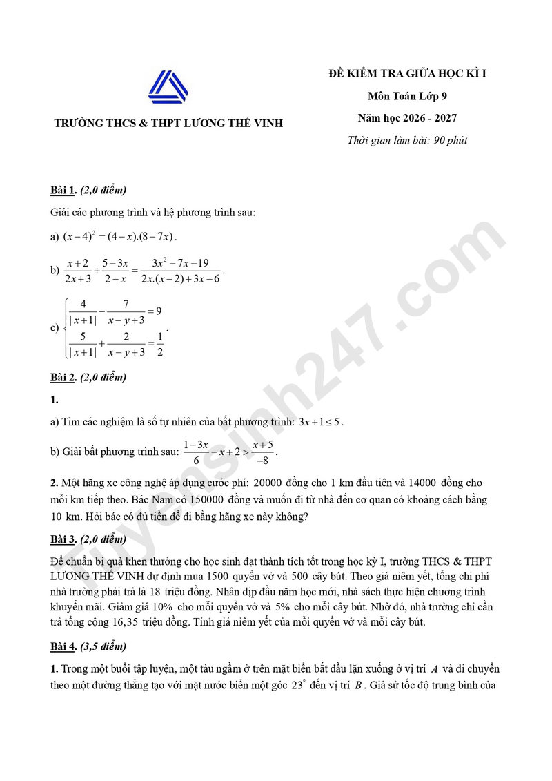 De thi giua hoc ki I mon Toan lop 9 - Truong THCS & THPT Luong The Vinh