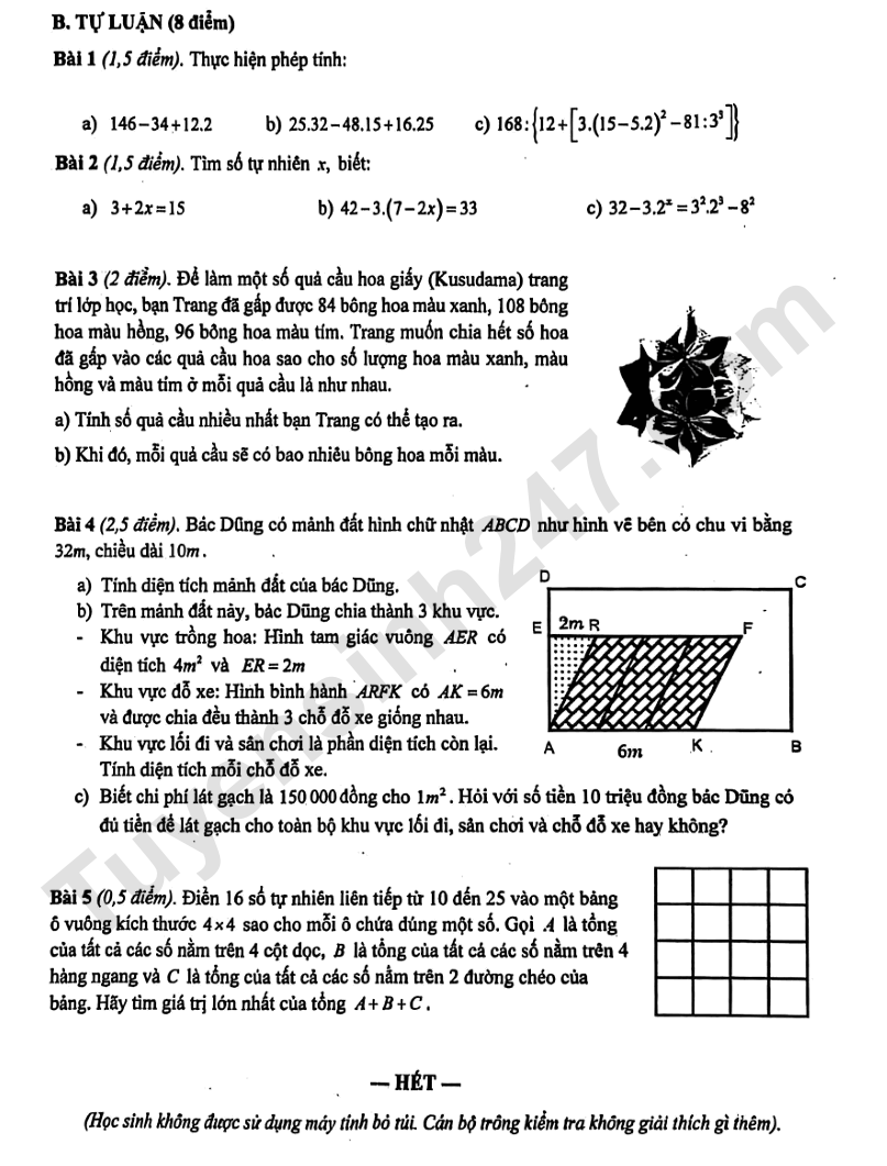 De thi giua ki 1 lop 6 mon Toan 2026 - THCS THPT Luong The Vinh