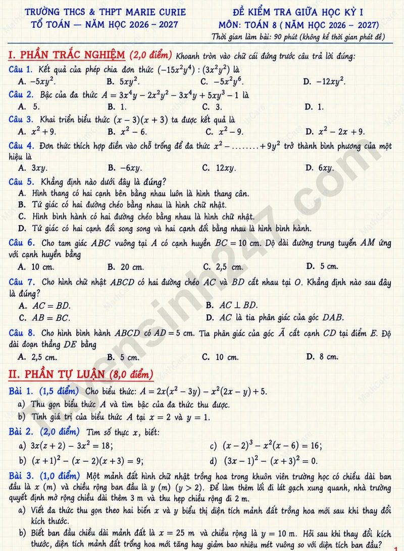De thi giua ki 1 mon Toan lop 8 nam 2026 - THCS THPT Marie Curie